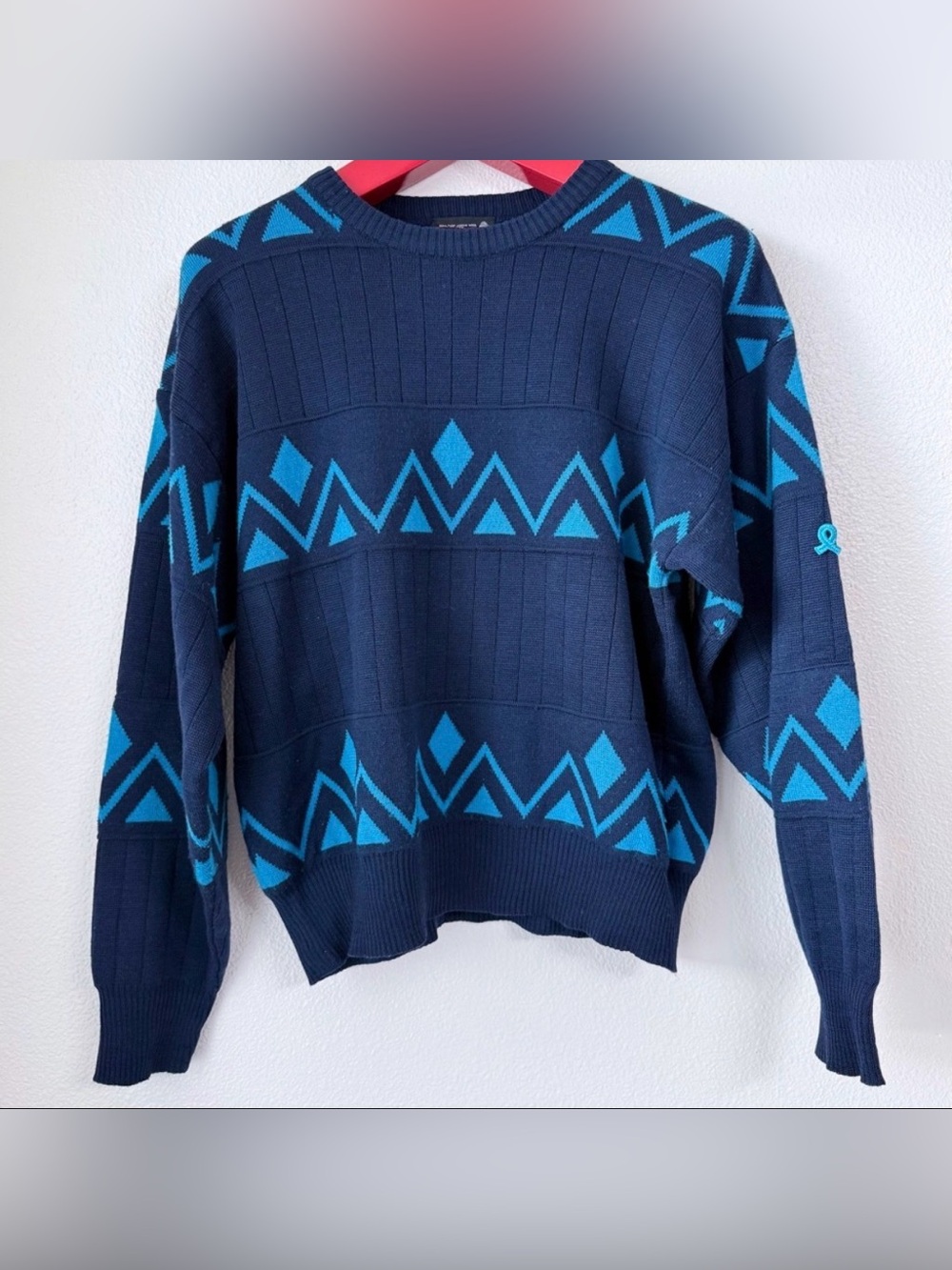 Vintage 80s Demetre Blue 100% Virgin Wool Geometric  Ski Sweater Mens Medium